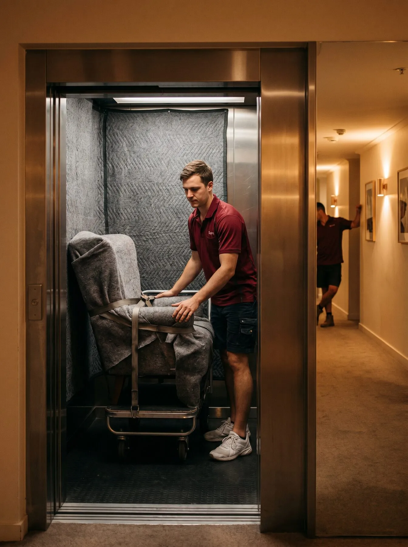 A mover steadying a wrapped armchair in a padded service lift