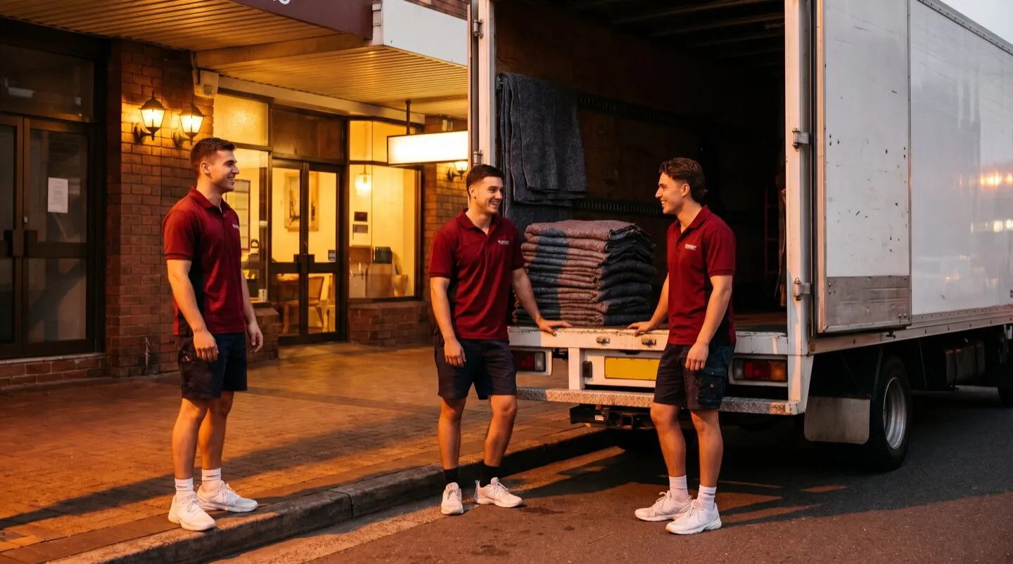 Three movers in lacquer-red polos by the open tailgate of a moving truck on an evening shopping strip
