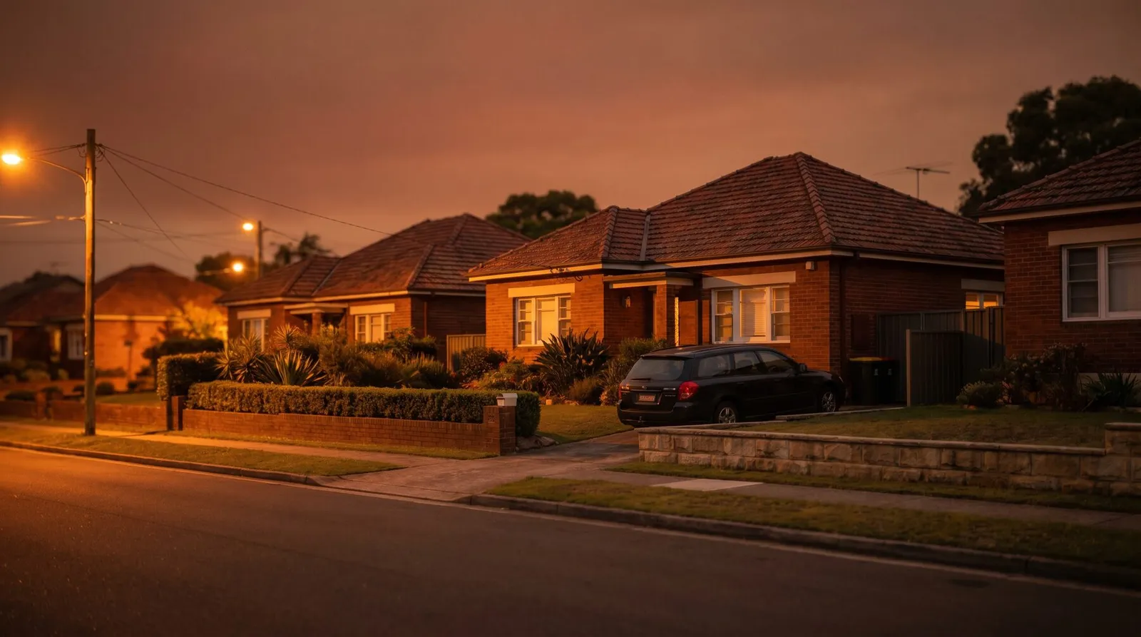 Quiet street of interwar brick bungalows in Croydon Park at dusk