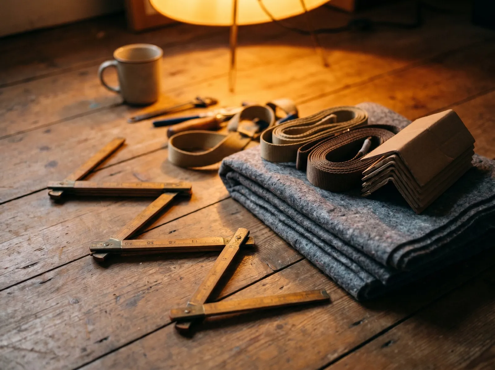 A folding rule, felt blanket, straps and corner protectors laid out on timber floorboards
