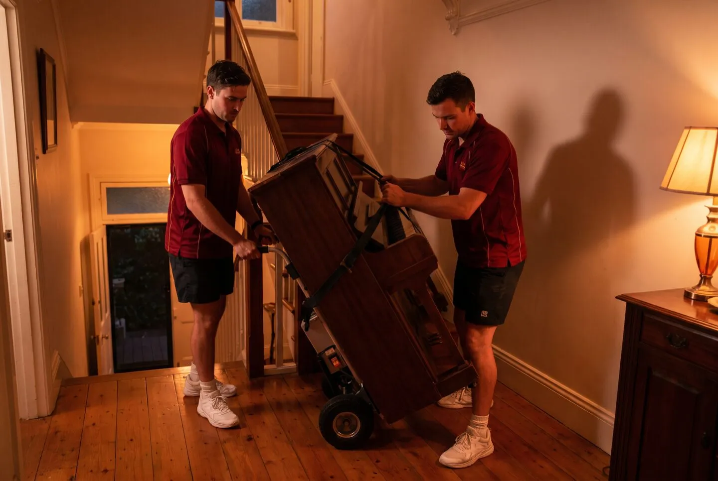 Two movers guiding a strapped upright piano on a stair trolley through a warm hallway